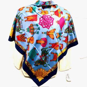 Salvatore Ferragamo Silk Scarf Satin blue gold green pink Carousel hourse (42)